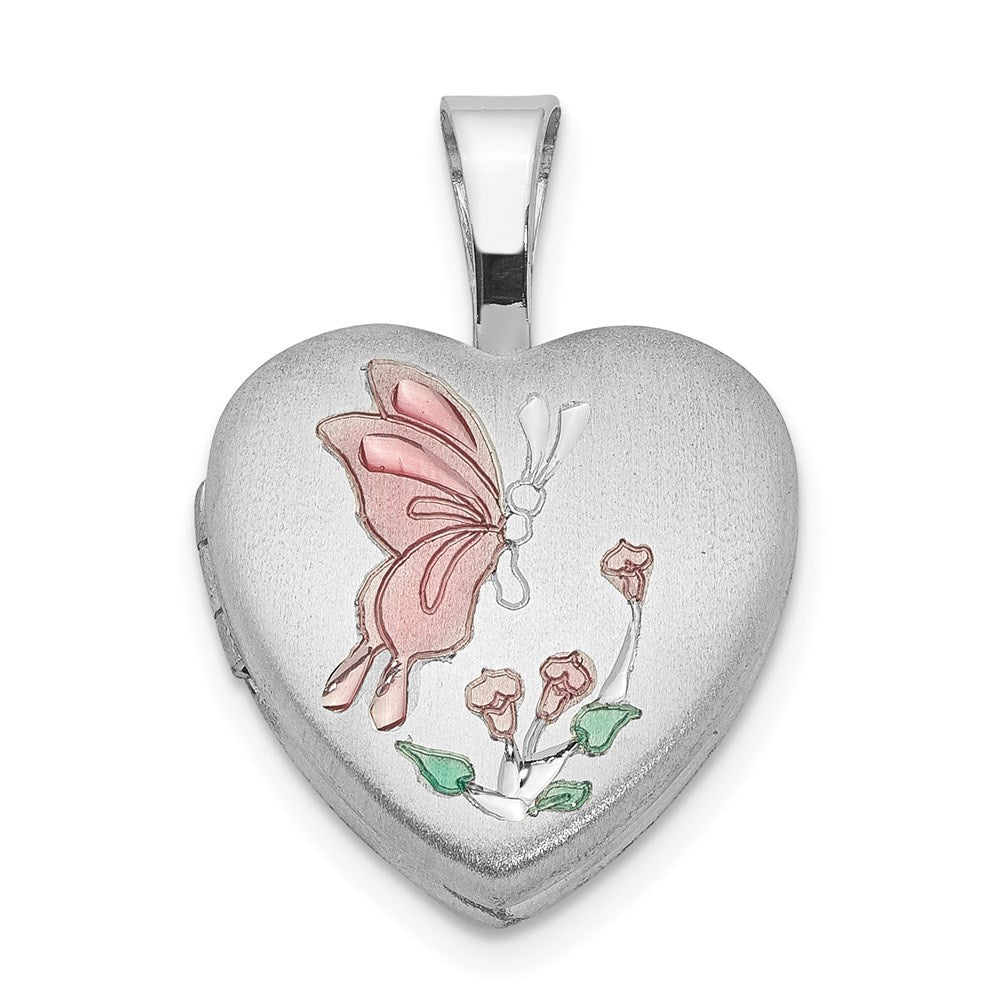 Sterling Silver Rhodium-plated Enamel Butterfly Flowers 12mm Heart Locket, 17.6 x 12.45 mm