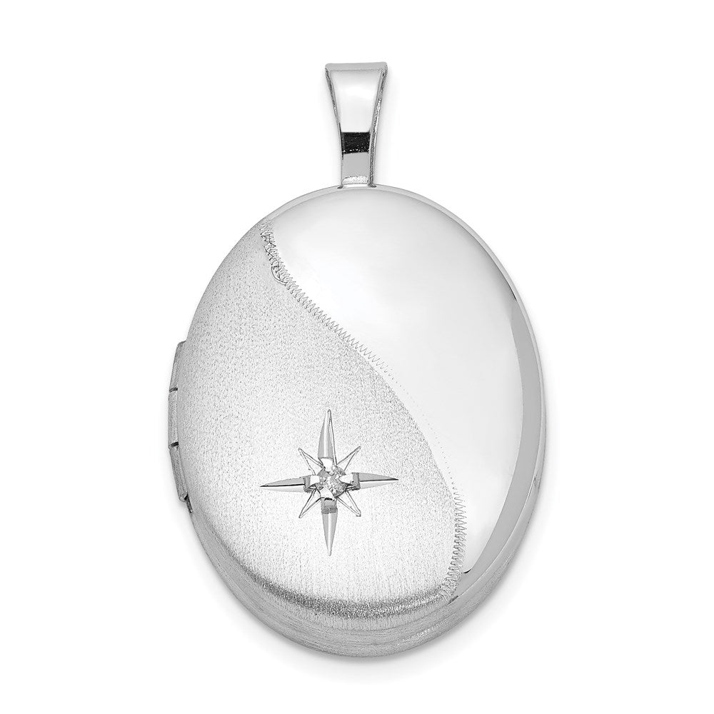 Sterling Silver Rhodium-plated 19mm Diamond Polished/Satin Star Oval Locket, 0.01 ct, 23.5 x 15.05 mm