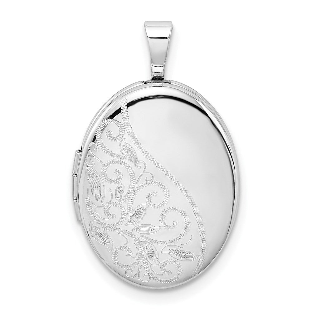 Sterling Silver Rhodium-plated Swirls 19mm Oval Locket, 24.8 x 15.08 mm