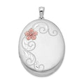 Sterling Silver Rhodium-plated Satin & Enameled Floral 34mm Oval Locket, 42.8 x 27.8 mm