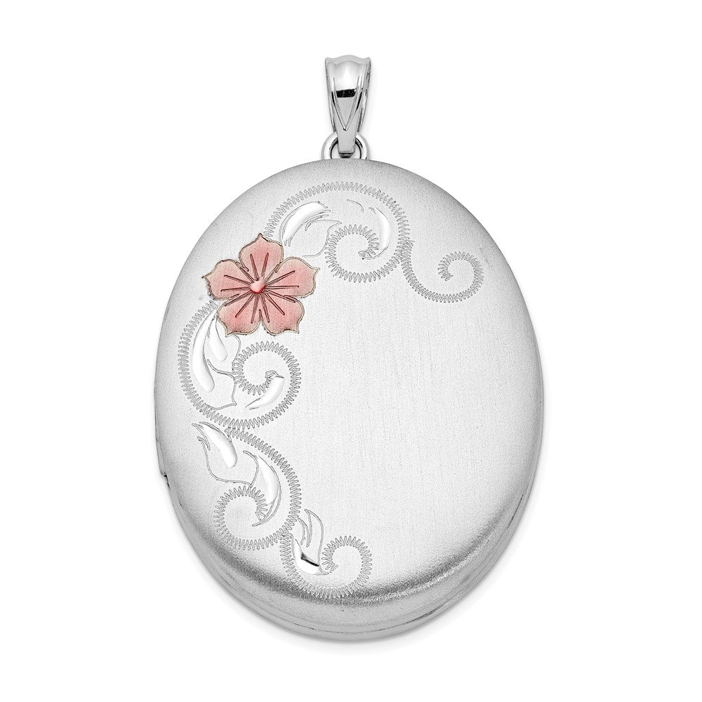 Sterling Silver Rhodium-plated Satin & Enameled Floral 34mm Oval Locket, 42.8 x 27.8 mm