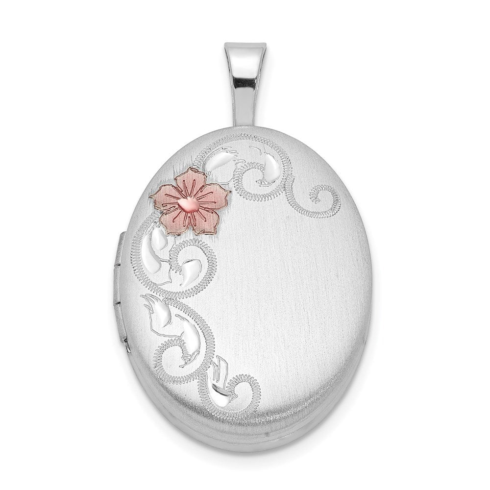 Sterling Silver Rhodium-plated Enamel Floral 19mm Oval Locket, 24.5 x 15 mm