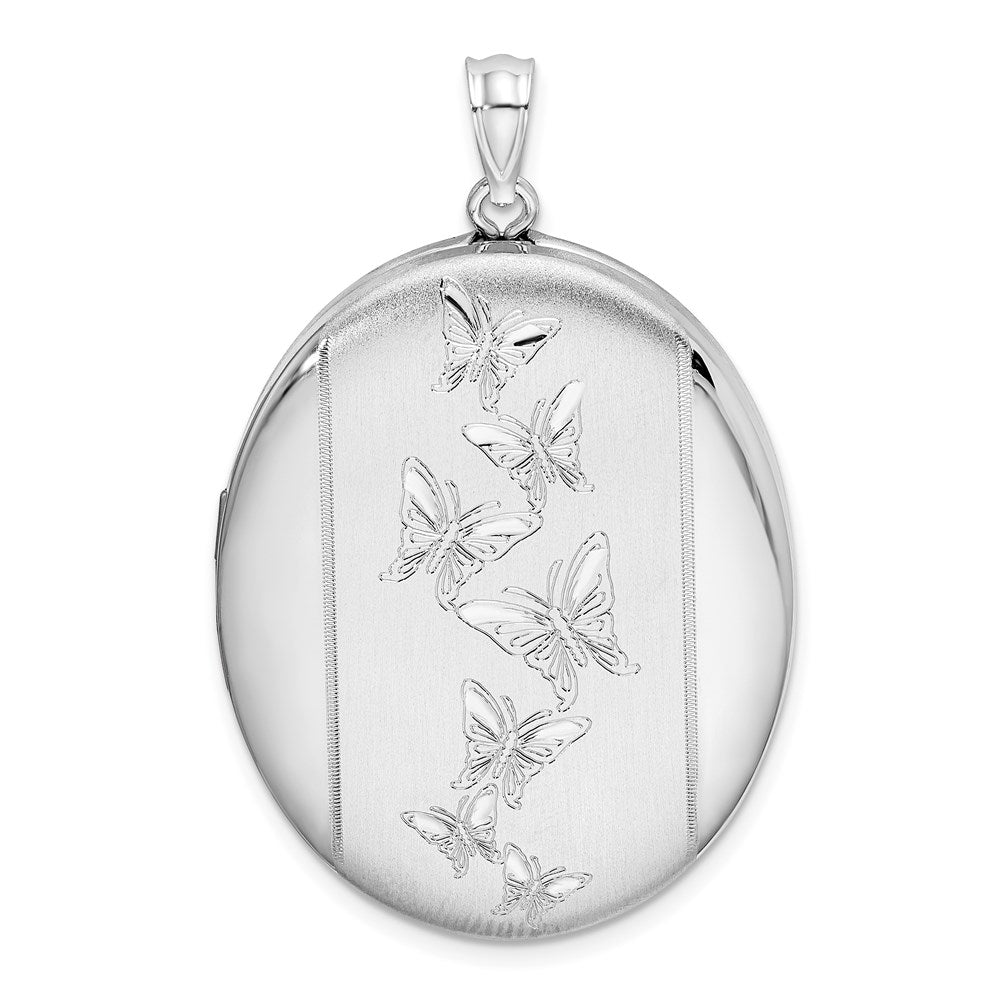 Sterling Silver Rhodium-plated Butterflies 34mm Oval Locket, 43.1 x 27.55 mm
