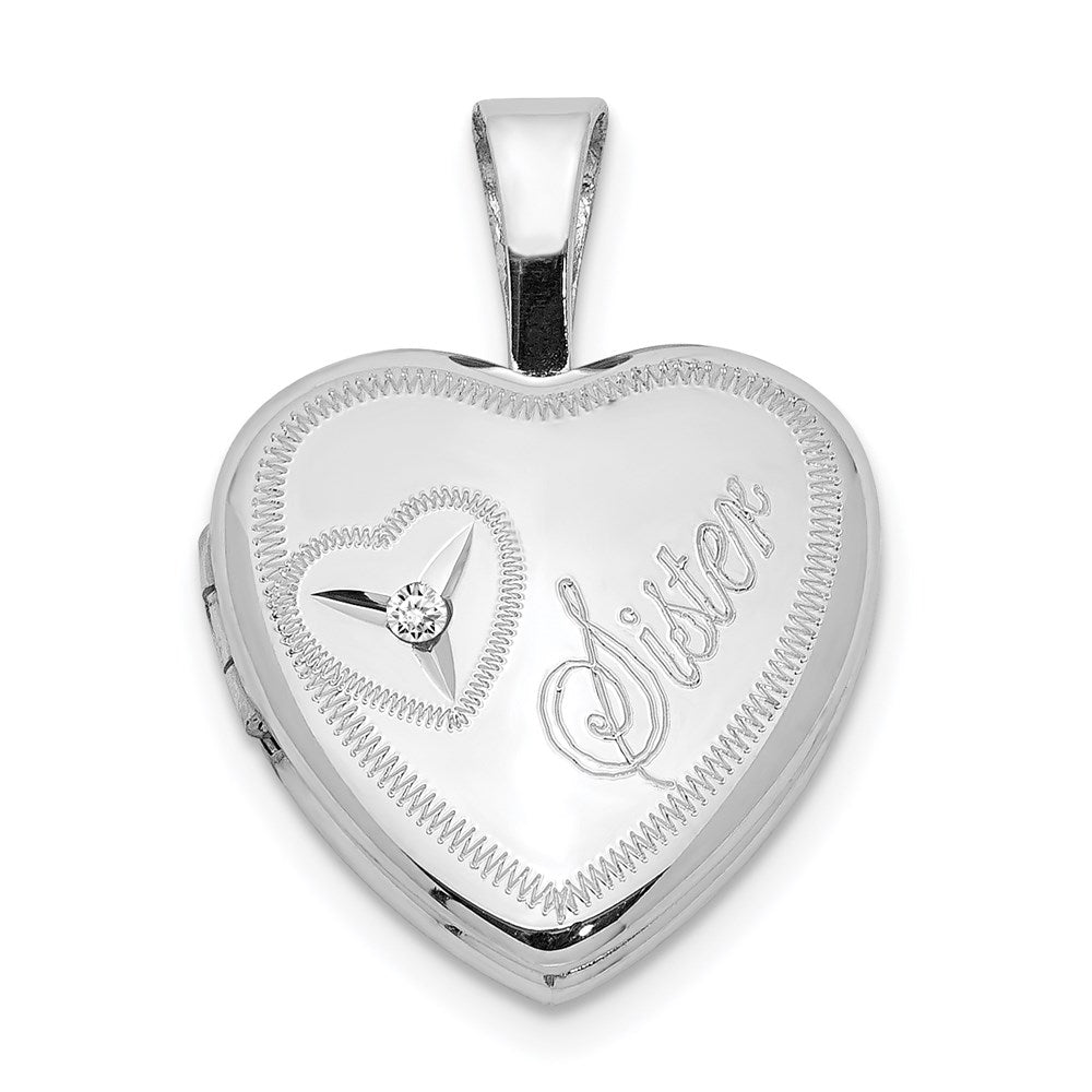 Sterling Silver Rhodium-plated & Diamond Sister Heart 12mm Heart Locket, 0.01 ct, 17.7 x 12.45 mm