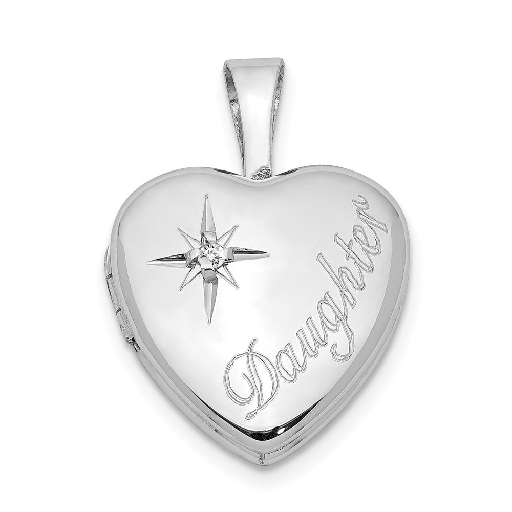Sterling Silver Rhodium-plated & Diamond Daughter 12mm Heart Locket, 0.01 ct, 17.9 x 12.42 mm