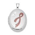 Sterling Silver Rhodium-plated Enameled Pink Ribbon 19mm Oval Locket, 24.65 x 15 mm