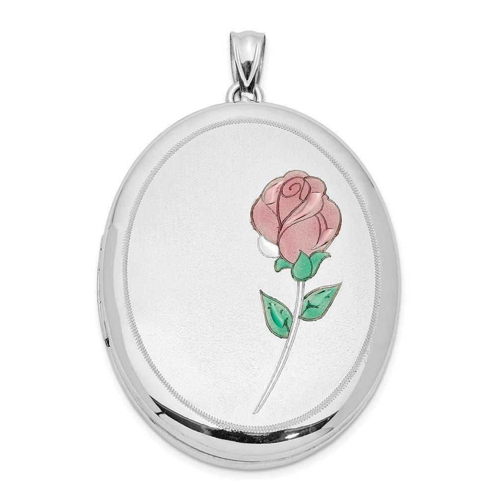 Sterling Silver Rhod-plated Satin & Polished Enamel Rose 34mm Oval Locket, 42.9 x 27.6 mm