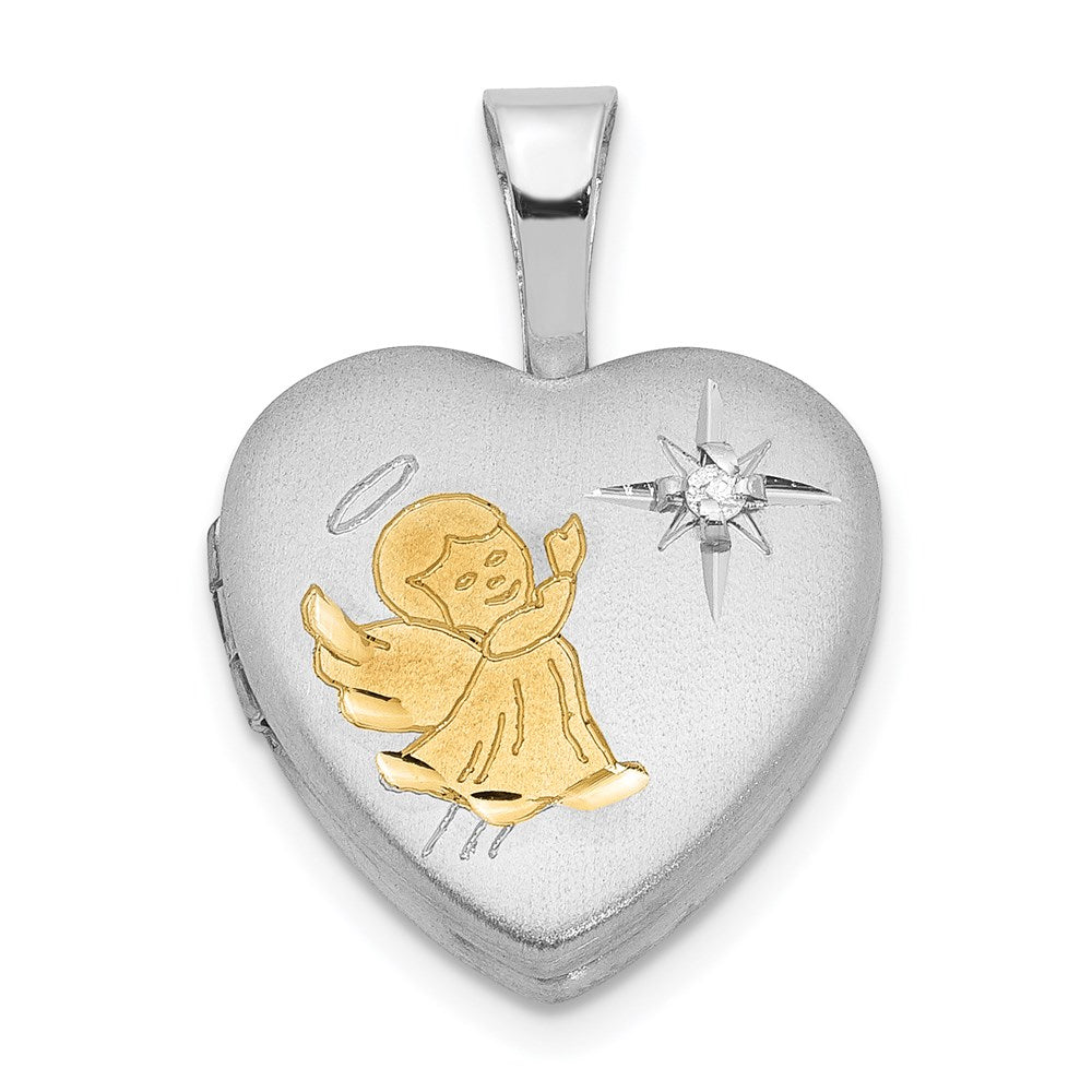 Sterling Silver Rhodium & Gold-plated & Diamond Angel 12mm Heart Locket, 0.01 ct, 17 x 12.4 mm
