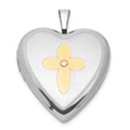 Sterling Silver Gold-plated Diamond Cross 20mm Heart Locket, 0.01 ct, 25.25 x 19.55 mm