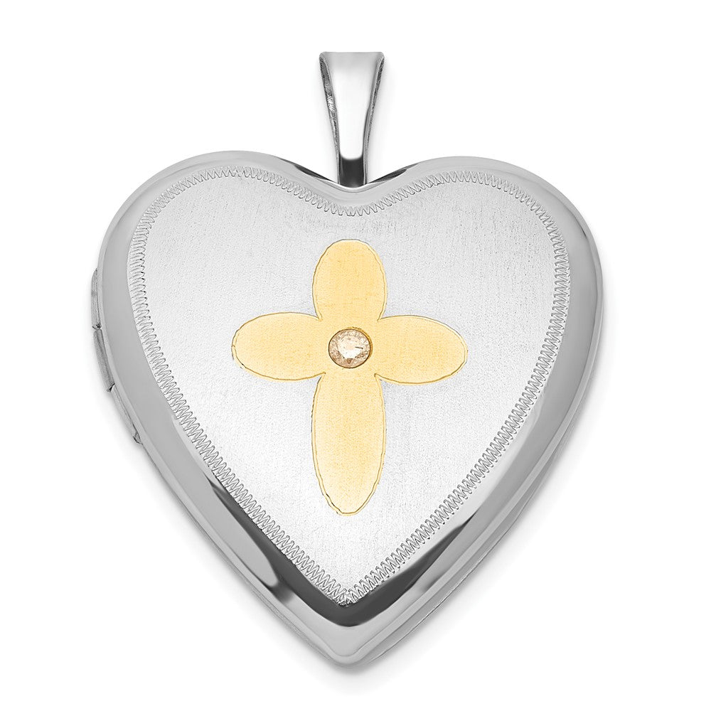 Sterling Silver Gold-plated Diamond Cross 20mm Heart Locket, 0.01 ct, 25.25 x 19.55 mm