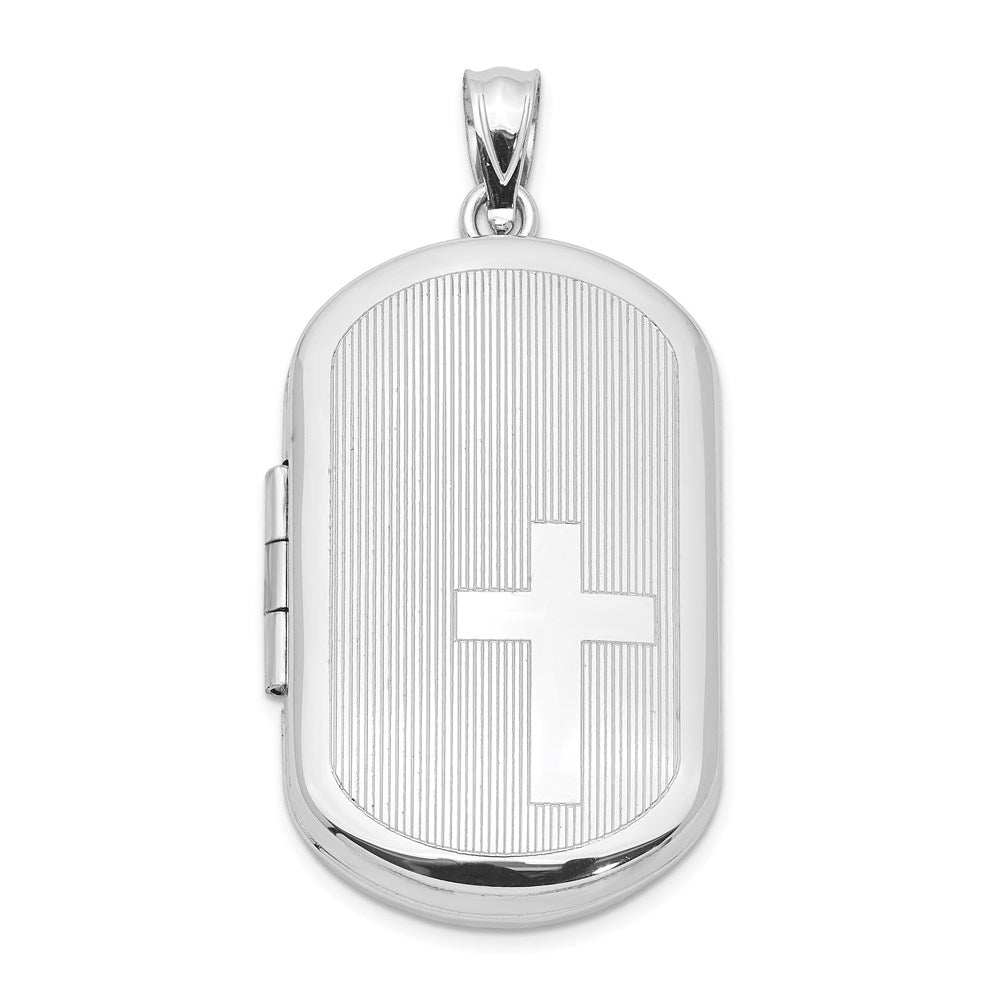 Sterling Silver Rhodium-plated Cross Rectangular Locket, 38.25 x 19.05 mm