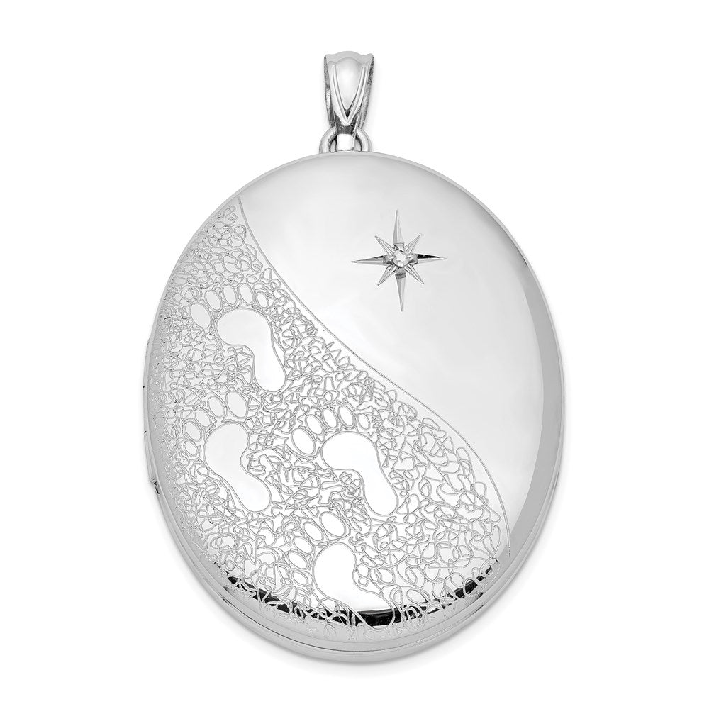Sterling Silver Rhodium-plated & Diamond Footprints 34mm Oval Locket, 0.01 ct, 42.75 x 27.5 mm