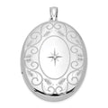Sterling Silver Rhodium-plated & Diamond w/ Swirl Border 34mm Oval Locket, 0.01 ct, 40 x 27.65 mm