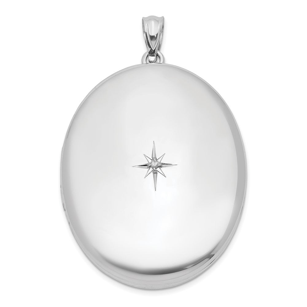 Sterling Silver Rhodium-plated & Diamond Polished 34mm Oval Locket, 0.01 ct, 40 x 27.6 mm