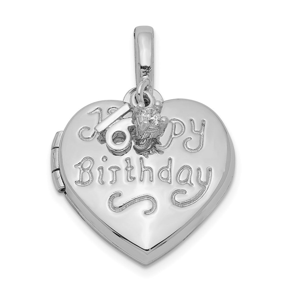Sterling Silver Rhodium-plated Happy 16th Birthday w/ CZ Heart Locket, 21.3 x 15.65 mm