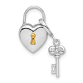 Sterling Silver Rhod & Gold-plated 10mm Heart Lock & Key Hinge Locket Charm, 15.2 x 10.8 mm