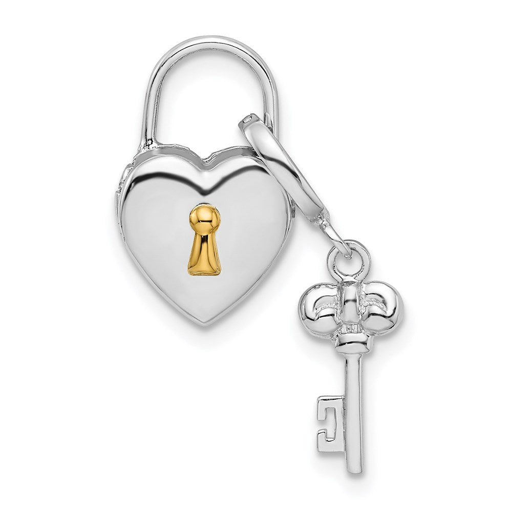 Sterling Silver Rhod & Gold-plated 10mm Heart Lock & Key Hinge Locket Charm, 15.2 x 10.8 mm