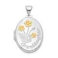 Sterling Silver Rhod-plated & Gold-plated Floral Granddaughter Oval Locket, 28.3 x 17 mm