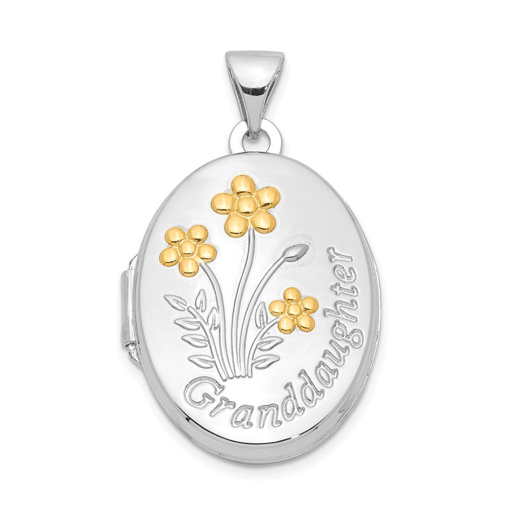Sterling Silver Rhod-plated & Gold-plated Floral Granddaughter Oval Locket, 28.3 x 17 mm