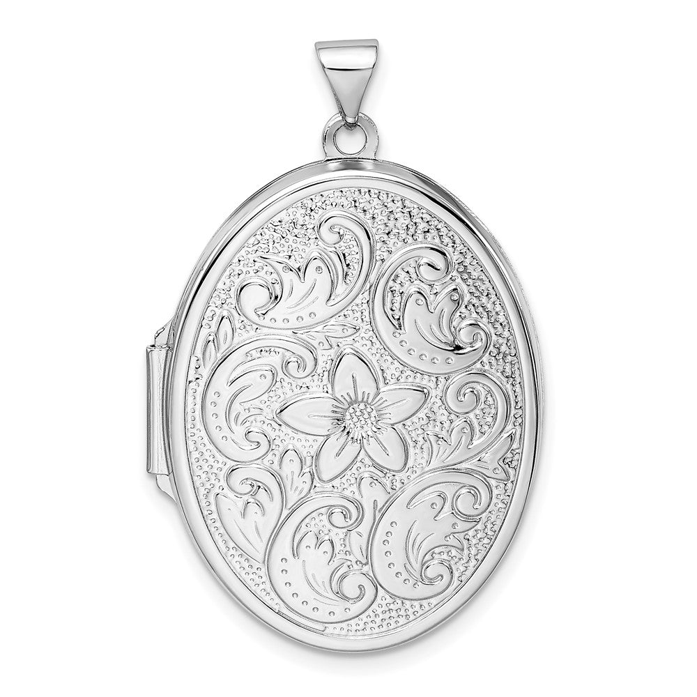 Sterling Silver Rhodium-plated Reversible Floral Swirl Oval Locket, 38.4 x 24.55 mm