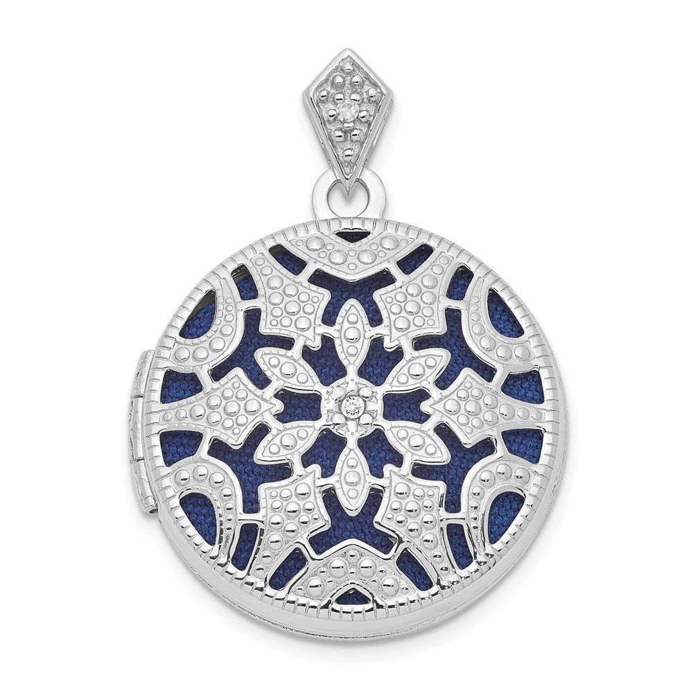 Sterling Silver Rhodium-plated 20mm Round w/Diamond Vintage Locket, 0.01 ct, 28.5 x 20.9 mm