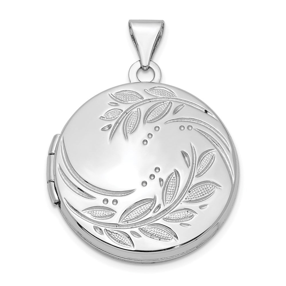 Sterling Silver Rhodium-plated 20mm Round Leaf Floral Locket, 27.75 x 20.9 mm