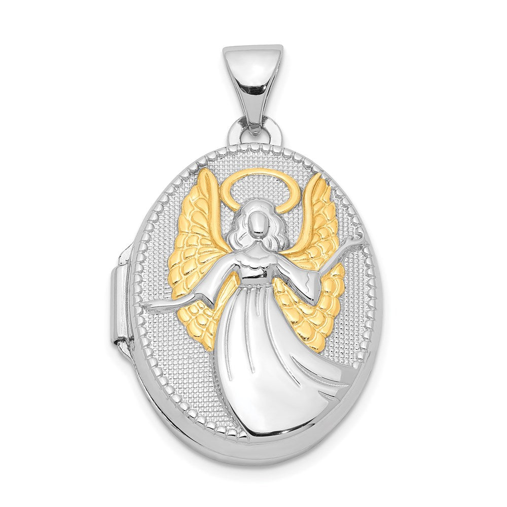 Sterling Silver Rhodium-plated & Gold-plated Guardian Angel Oval Locket, 28.2 x 17.1 mm