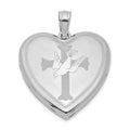 Sterling Silver Rhodium-plated Dove with Cross Heart Locket, 30.3 x 23.8 mm