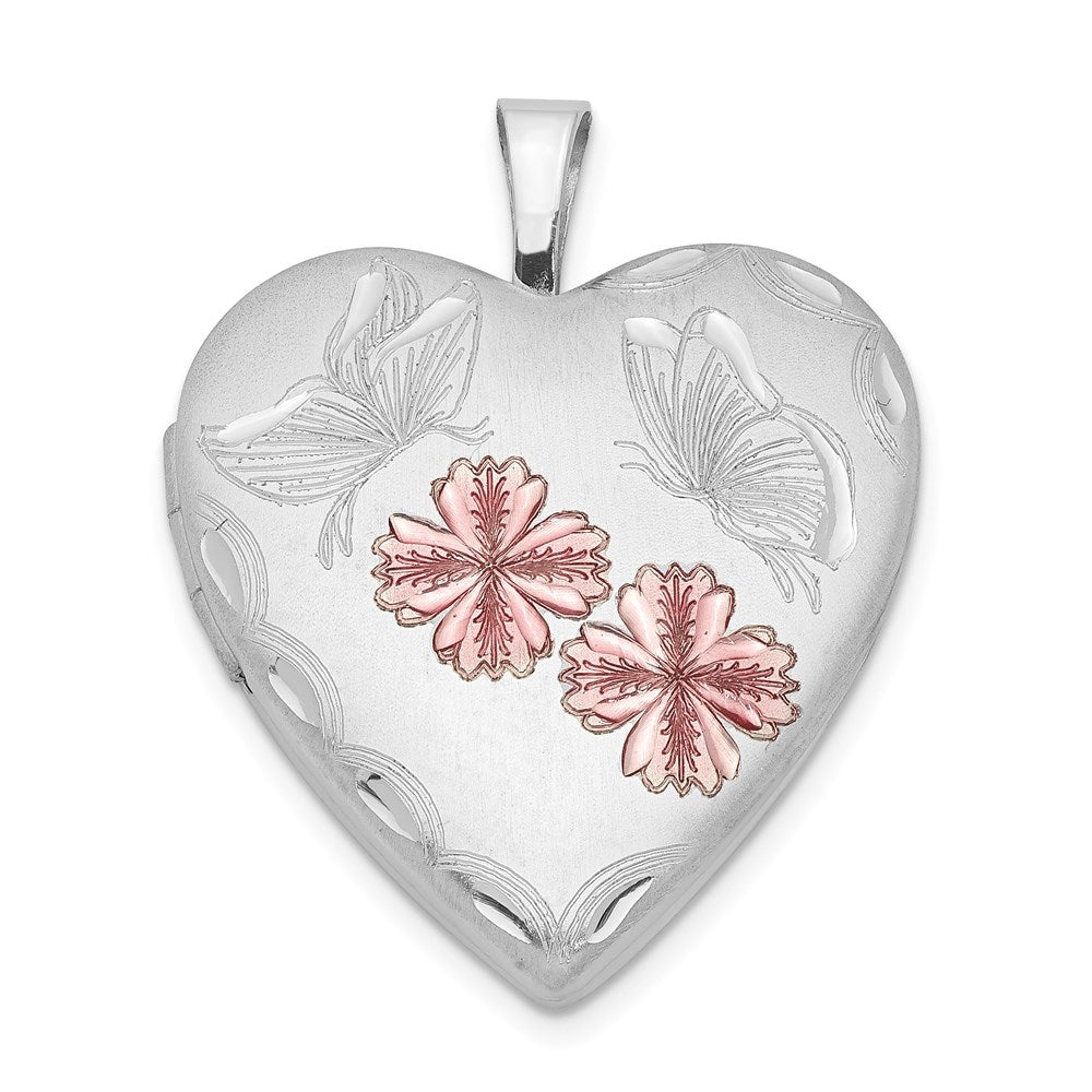 Sterling Silver Rhodium-plated Enameled Flowers & Butterfly Heart Locket, 25.1 x 19.6 mm