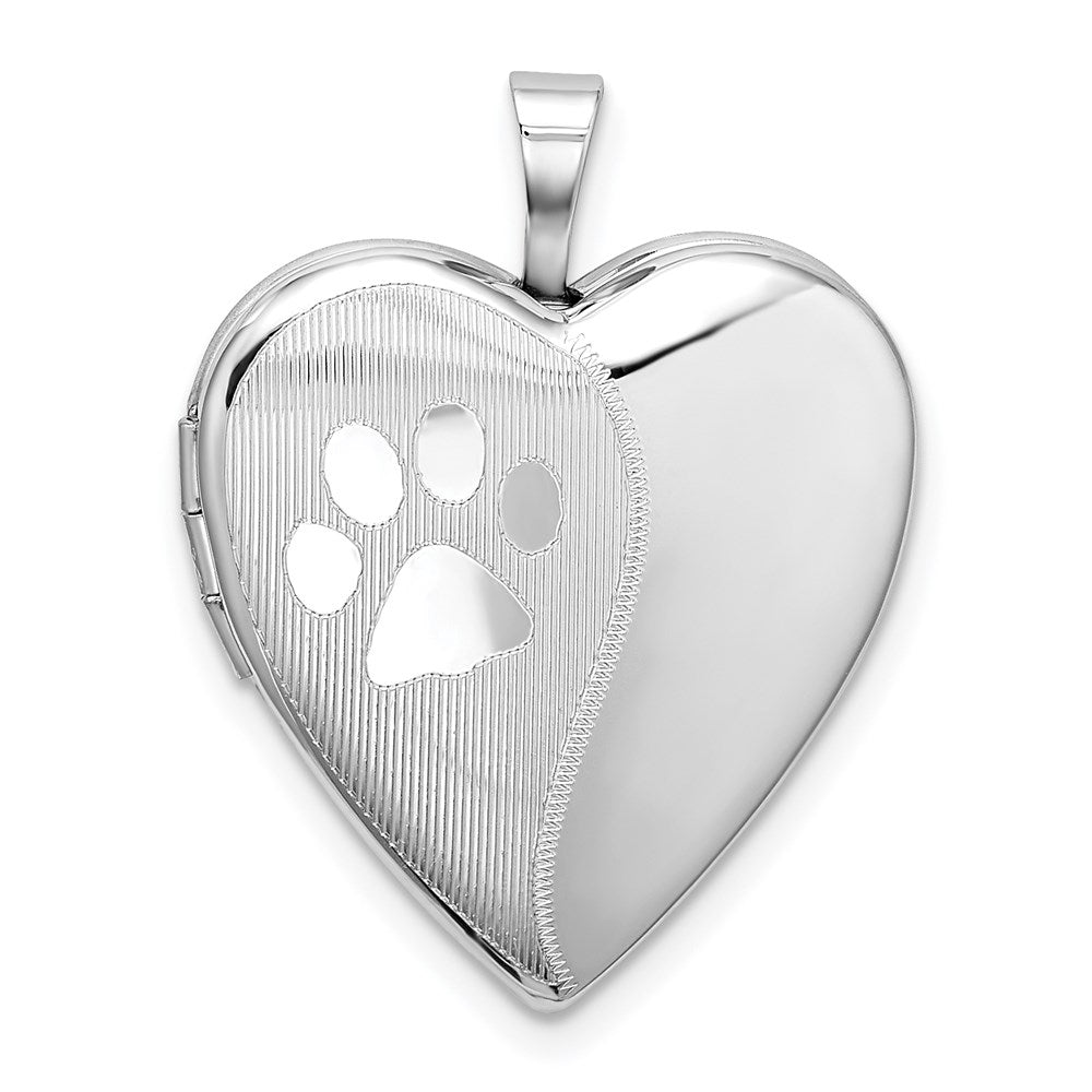 Sterling Silver Rhodium-plated Satin & Polished Paw Prints Heart Locket, 25.25 x 19.65 mm