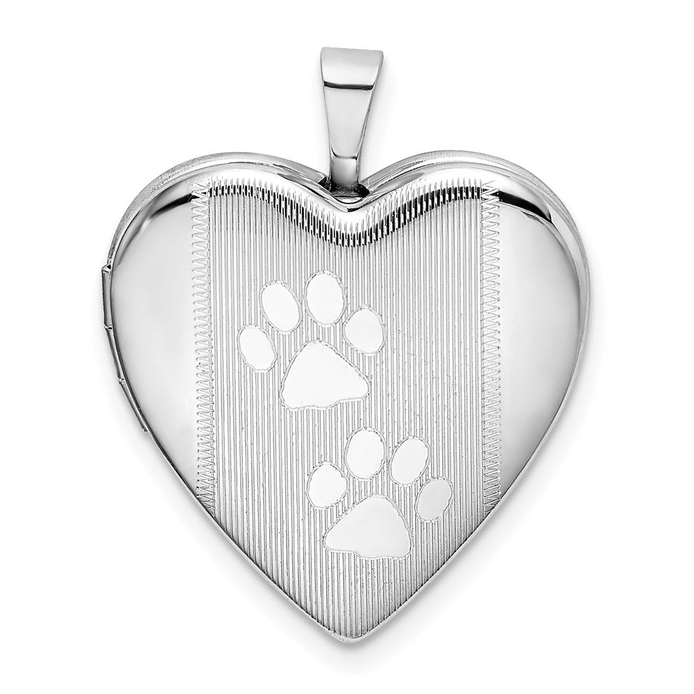Sterling Silver Rhodium-plated Textured & Polished Paw Prints Heart Locket, 25.15 x 19.6 mm