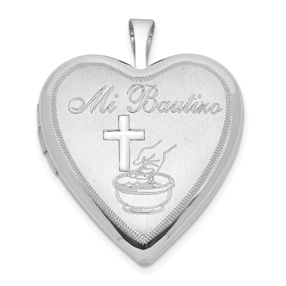 Sterling Silver Satin & Polished Mi Bautizo Heart Locket, 25.15 x 19.5 mm