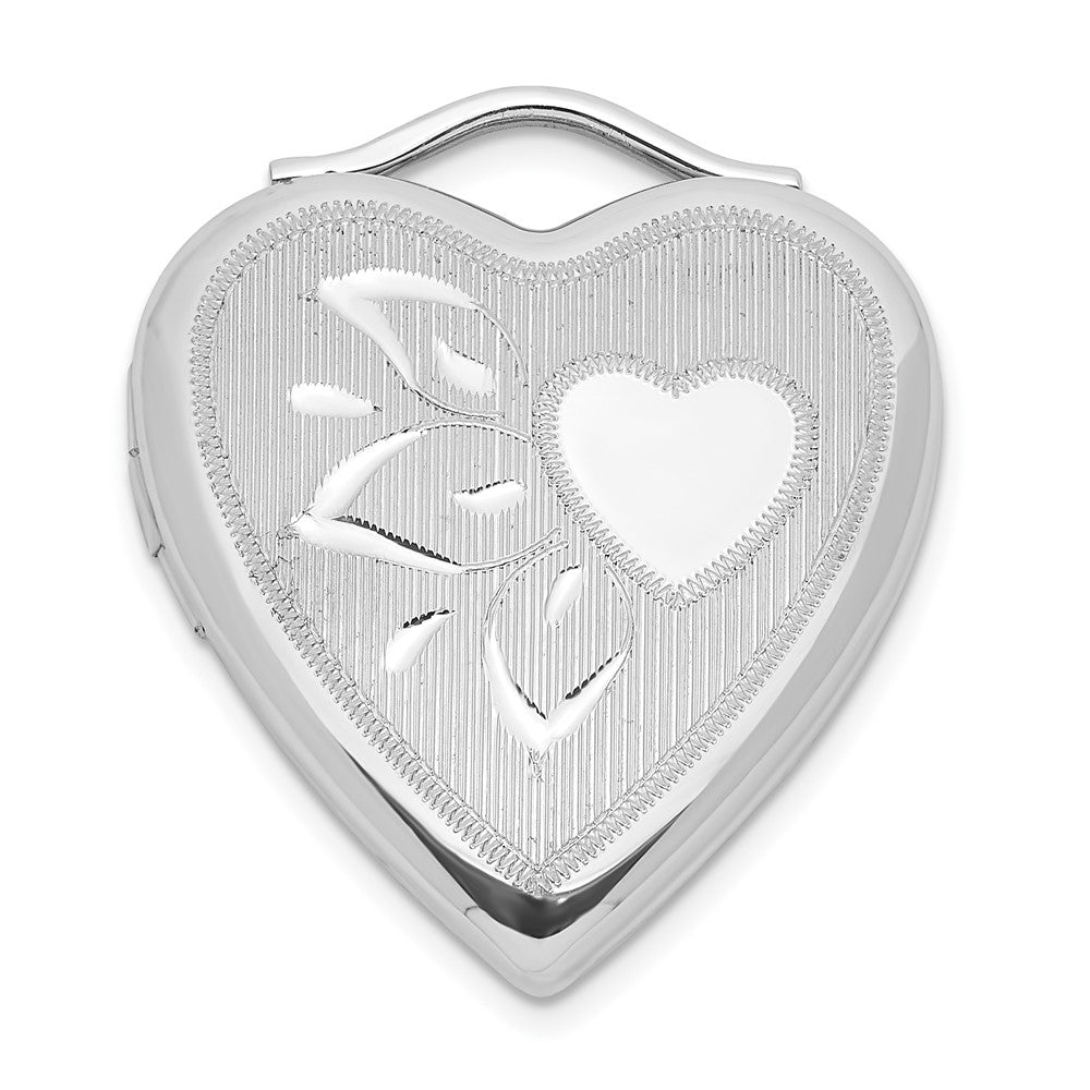 Sterling Silver Diamond-cut Textured & Polished Heart Locket, 23.5 x 19.5 mm
