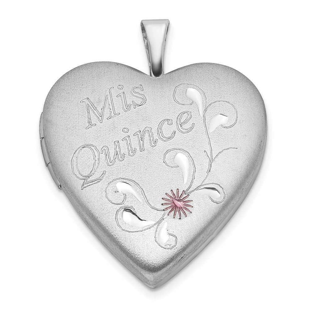 Sterling Silver Satin & Diamond-cut Enameled Mis Quince Heart Locket, 25.1 x 19.5 mm