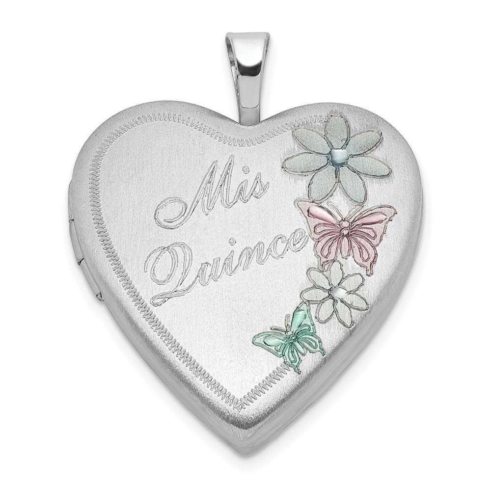 Sterling Silver Satin Enameled Mis Quince Butterfly Heart Locket, 25 x 19.6 mm