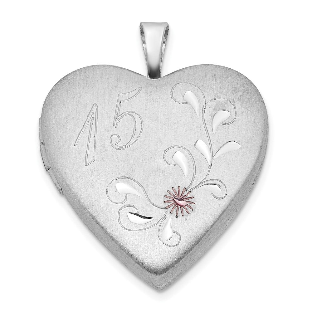 Sterling Silver Polished & Satin Enameled D/C 15 Heart Locket, 25.2 x 19.5 mm