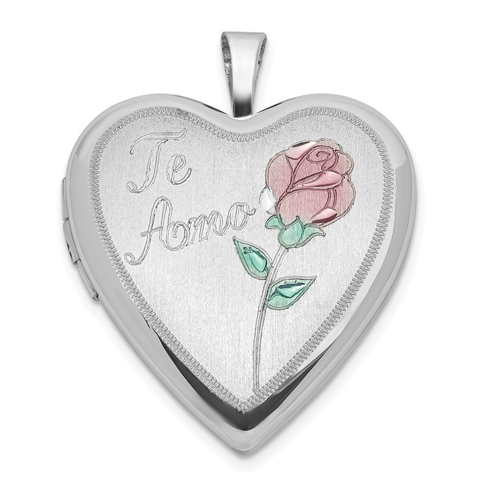 Sterling Silver Polished & Satin 20mm Enameled Rose Te Amo Heart Locket, 25.1 x 19.6 mm