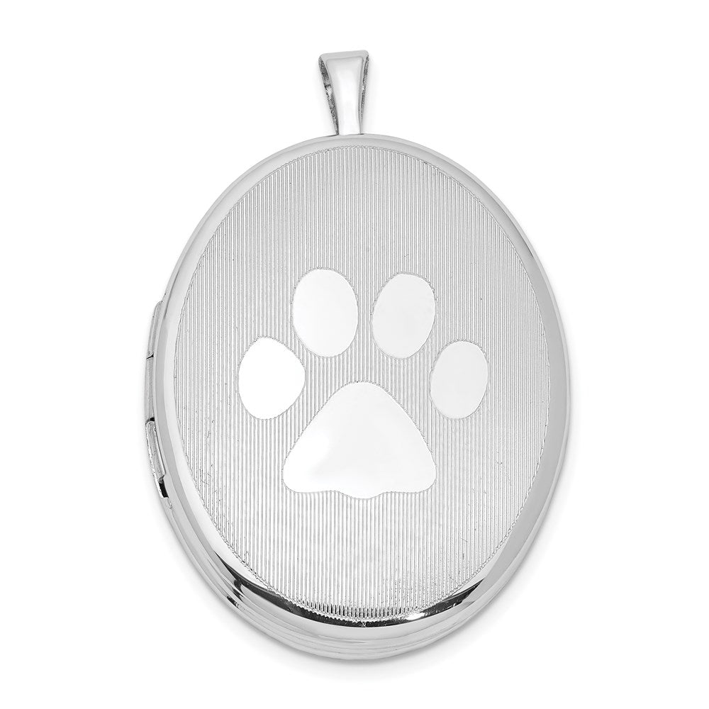 Sterling Silver Rhod-plated Textured & Polished Paw Print 26mm Oval Locket, 32 x 20.4 mm