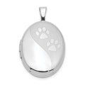 Sterling Silver Rhodium-plated Satin & Polished Paw Prints 19mm Oval Locket, 24.65 x 15.05 mm