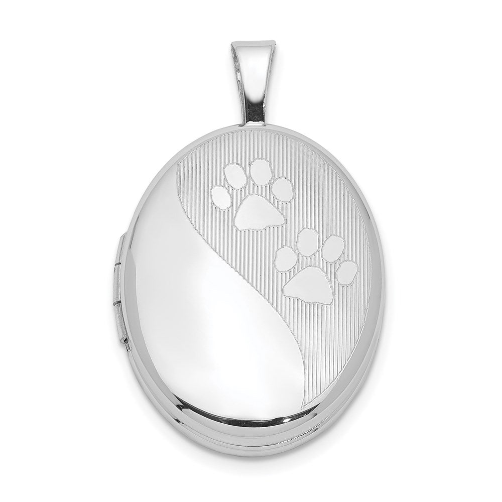 Sterling Silver Rhodium-plated Satin & Polished Paw Prints 19mm Oval Locket, 24.65 x 15.05 mm