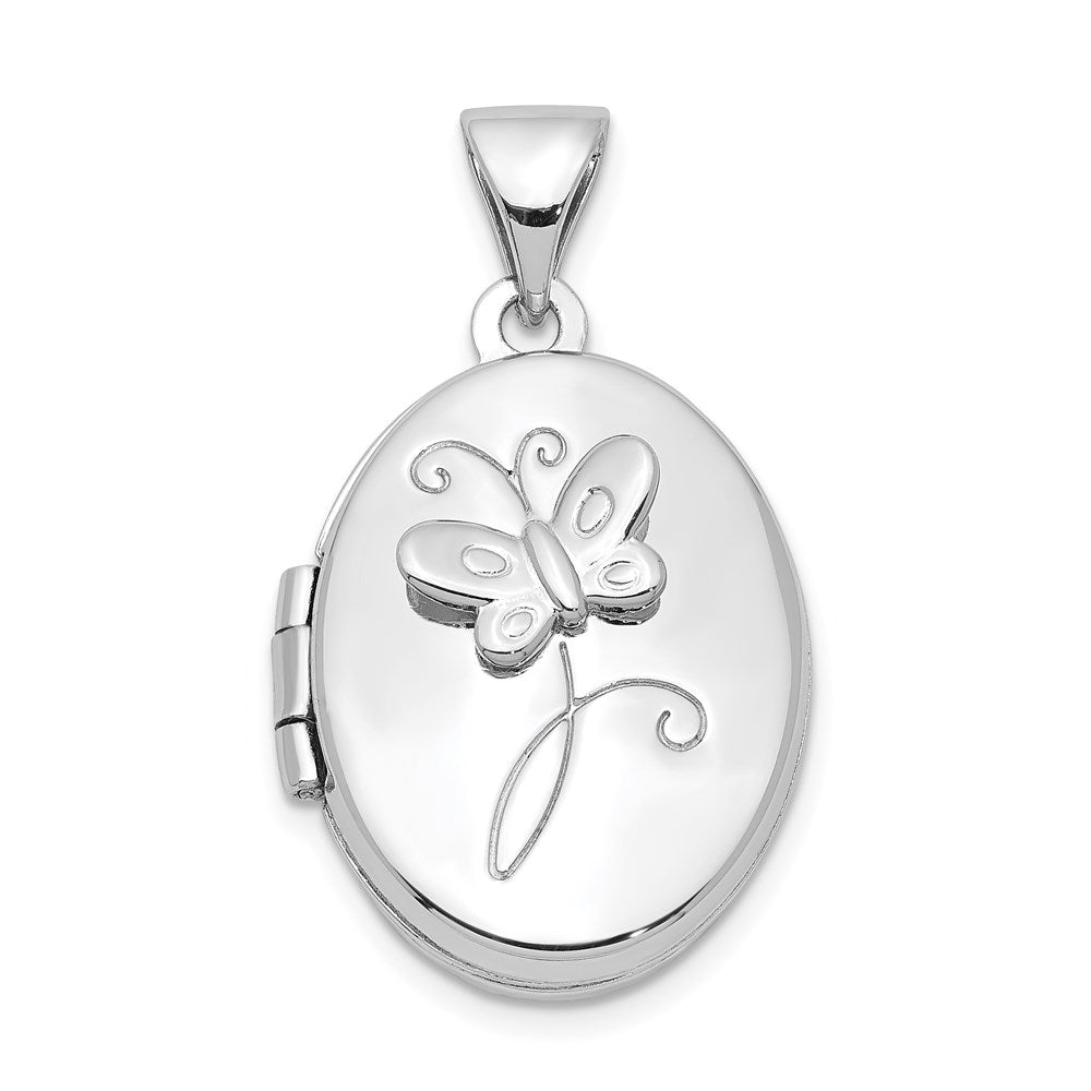 Sterling Silver Rhodium-plated 17x14mm Butterfly Oval Locket, 24 x 13.7 mm