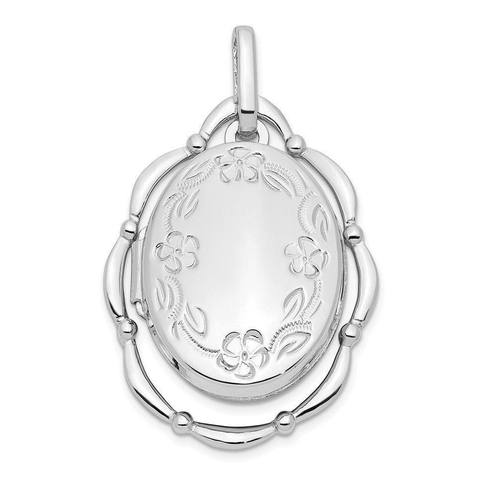 Sterling Silver Rhodium-plated 21x16mm Floral Oval Locket, 33.65 x 21.85 mm