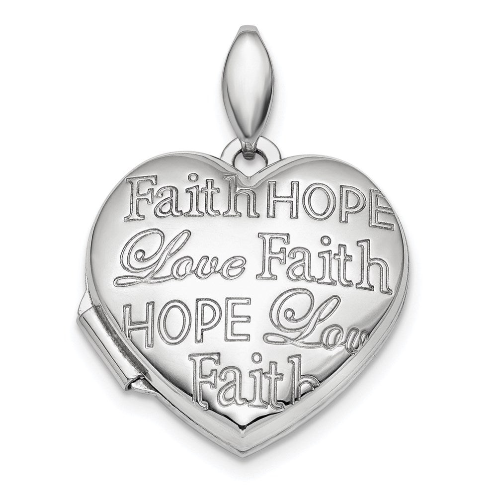 Sterling Silver Rhodium-plated Faith Hope Love 18mm Heart Locket, 24.6 x 18.5 mm