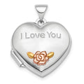 Sterling Silver Rhod-plate Rose & Gold-tone Flower I Love You Heart Locket, 24.1 x 18.55 mm