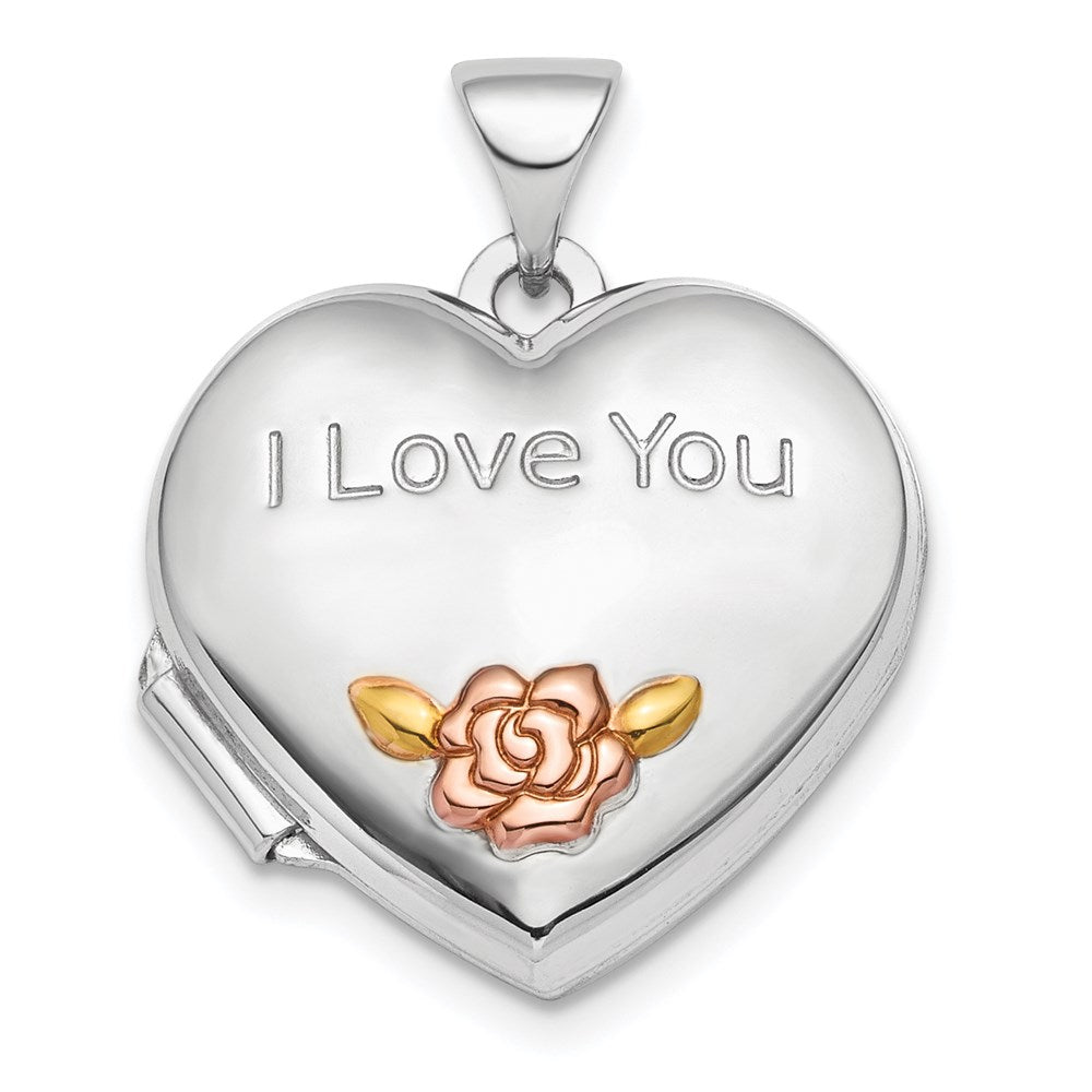 Sterling Silver Rhod-plate Rose & Gold-tone Flower I Love You Heart Locket, 24.1 x 18.55 mm