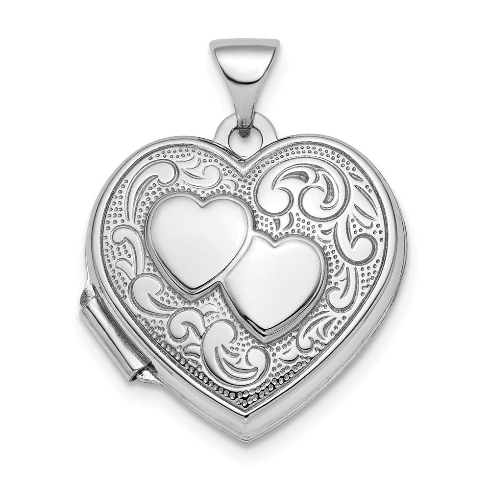 Sterling Silver Rhod-plated 2-Heart Design Reversible 18mm Heart Locket, 24.2 x 18.55 mm
