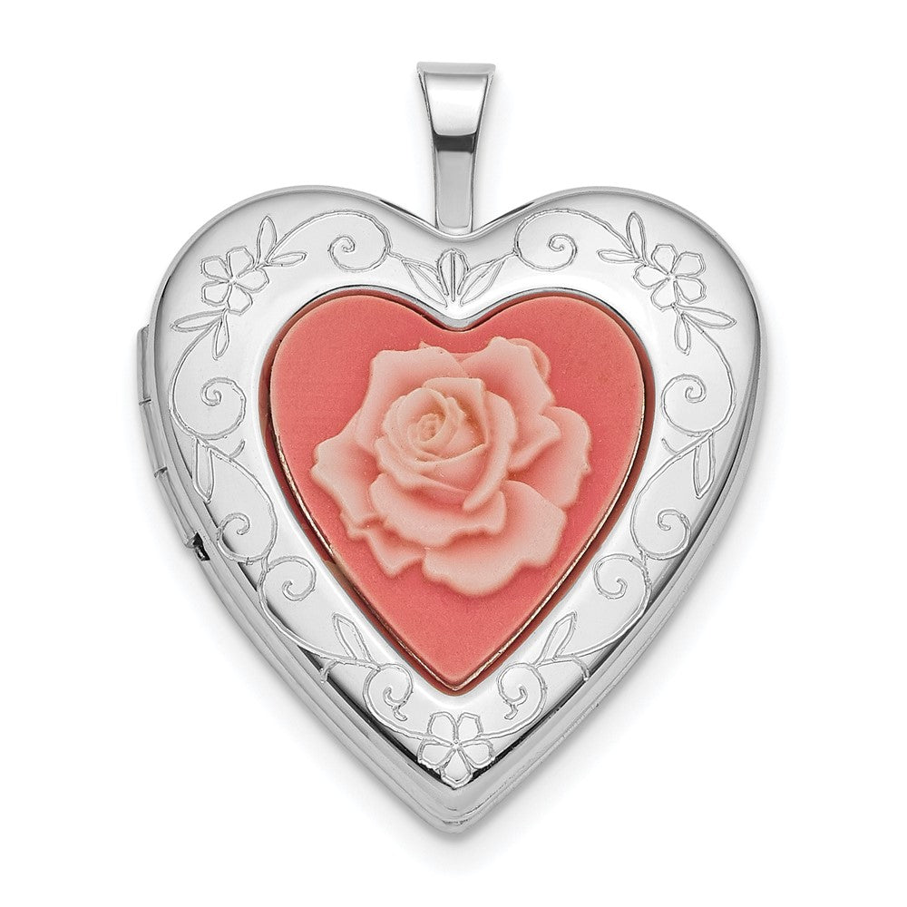 Sterling Silver Rhod-pltd 20mm Pink Resin Rose Cameo Heart Locket, 25 x 19.5 mm