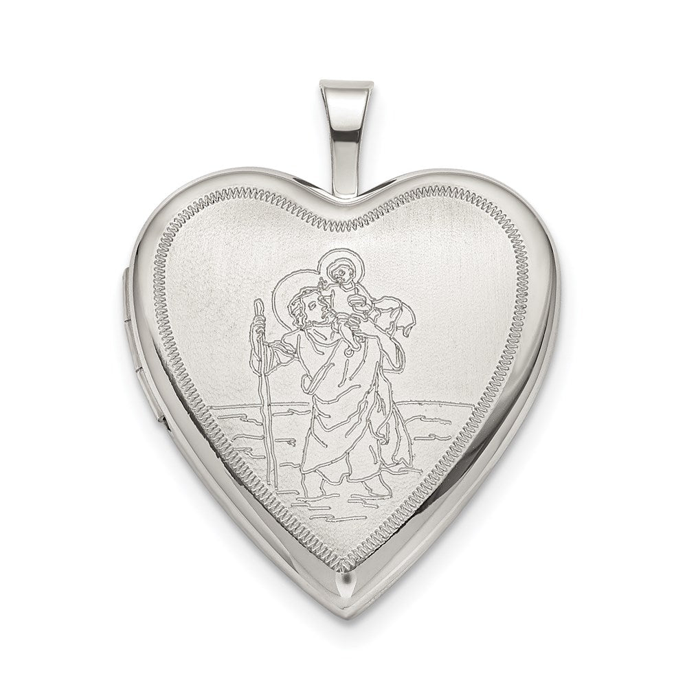 Sterling Silver 20mm St. Christopher Heart Locket, 25 x 19.5 mm