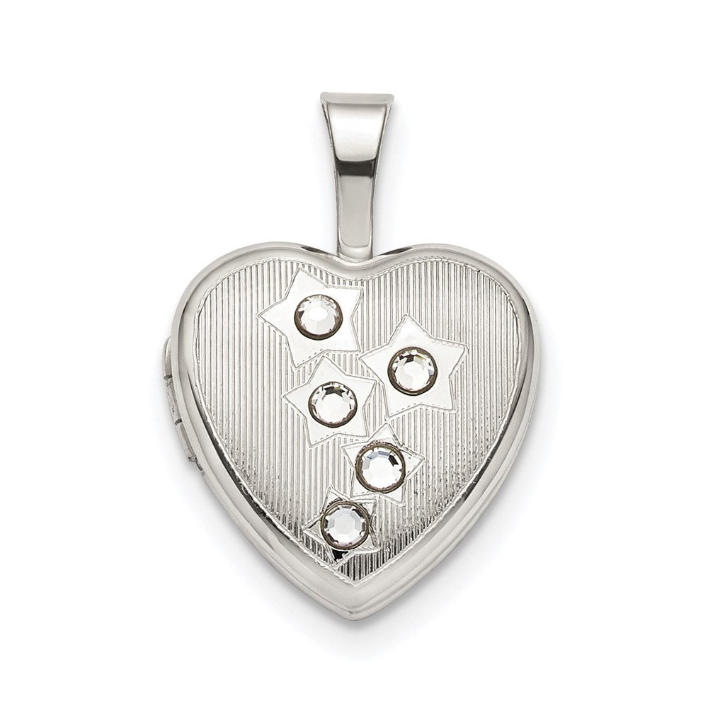 Sterling Silver 12mm Stars CZ Heart Locket, 18 x 12 mm