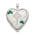 Sterling Silver Rhod-pltd 20mm Green Enamel Clover/Cross Heart Locket, 25.1 x 19.6 mm